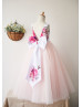 Printed Satin Pink Tulle V Back Ankle Length Flower Girl Dress